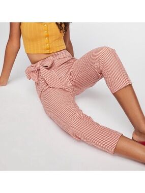 Free People Orange White Gingham Tie Waist Cropped Pants Size 2 Cottagecore
